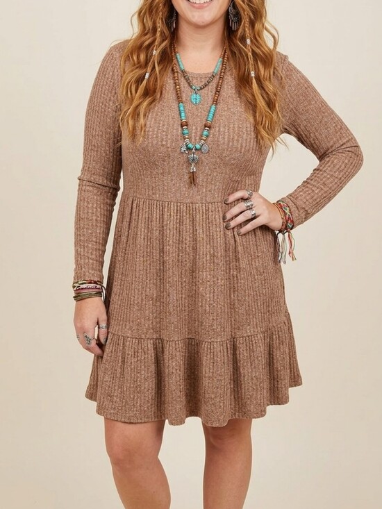 Cupshe Dresses & Skirts - BRAND NEW Heathered Taupe, Mocha Brown Ribbed Long Sleeve Flounce Dress